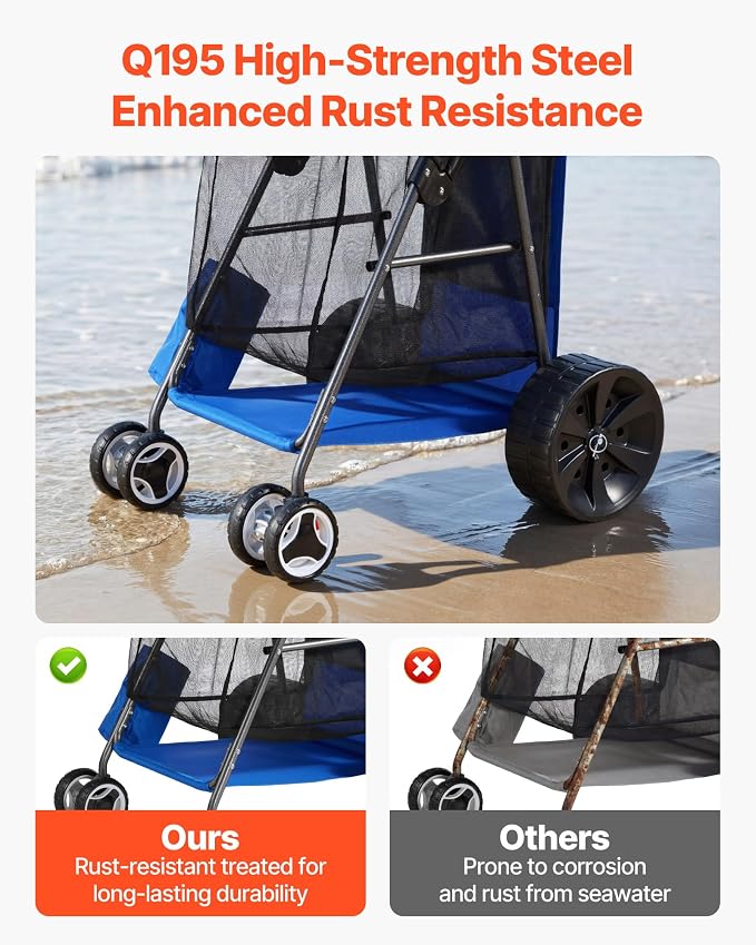 VEVOR Beach Cart, 165LBS Load Capacity, Portable Folding Beach Wagon Dolly with 10" Solid Wheel for Sand, Insulated Cooler Bag, Large Mesh Bag&Umbrella Holder for Outdoor Camping Fishing
