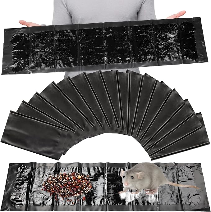 Qualirey 16 Pcs Large Sticky Mouse Glue Traps Black Sticky Rat Trap that Work for Rats Roaches Rodents Heavy Duty Pre Baited Mats Indoor Outdoor Catch Pest (24 x 11 Inches)