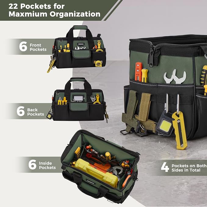 16-Inch Heavy Duty Tool Bag, 22 Pockets Empty Tool Box Organizer Storage, Soft Tote Toolbox Organization Portable Handle Carrying Work Toolbag, Father Day Gifts Men Electrician Mechanic, Green