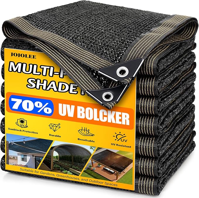 JOJOLEE 70% Sun Shade Cloth, 8x10FT Shade Net Mesh Tarp with Grommets, Black Sunblock Cover for Outdoor Patio Plants, Pergola, Greenhouse, Chicken Coop, Backyard, Balcony