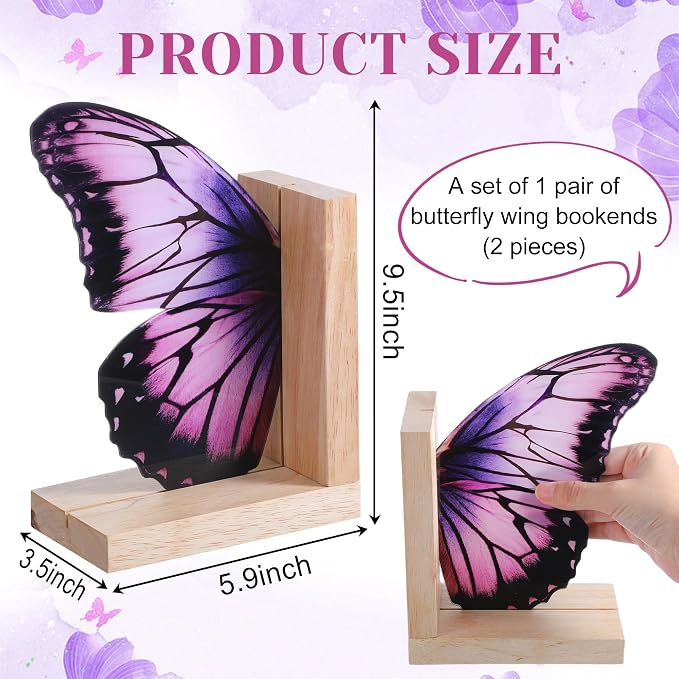 Decorative Butterfly Bookends Wooden Acrylic Butterflys Bookend Modern Bookshelf Decor Accent Book Stopper Decor for Home Farmhouse Shelves Office Lover Gift(Purple Butterfly)