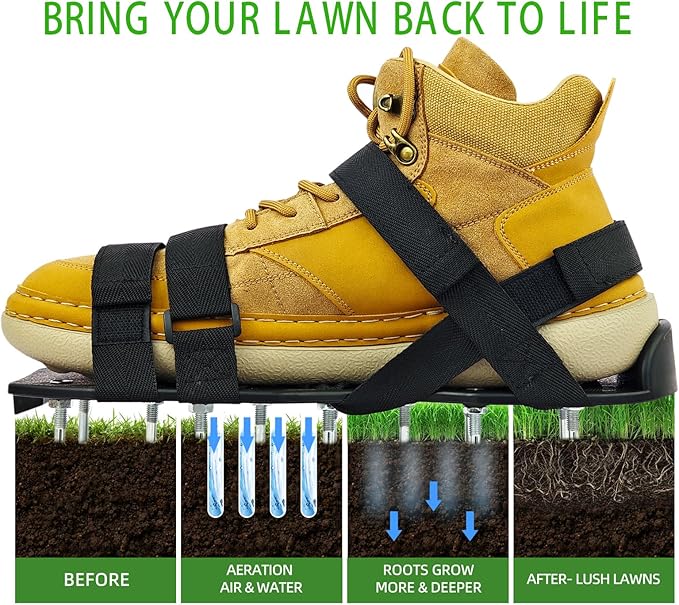 Lawn Aerator Shoes, Aerator Lawn Tool One Size Fits All for Yard Patio Lawn and Garden, Newly Upgraded X-Shaped 8-Strand Straps, Steel Spikes for Soil Aeration