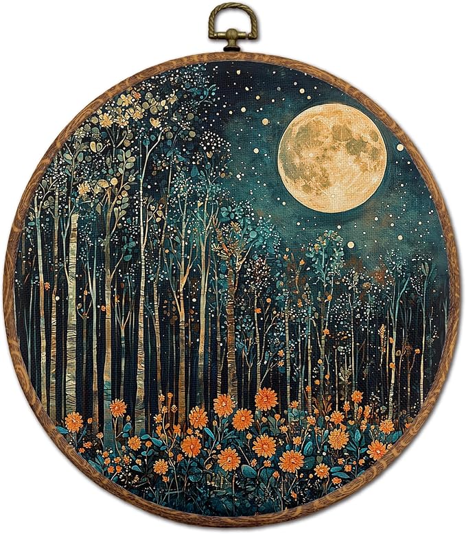 DOFQZ Moody Forest Full Moon Round Wall Art Decor, Dark Academia Cottagecore Trees Framed Wall Art, Mystical Celestial Night Walls Hanging Decor for Home Living Room Bedroom, 10x10 Inch