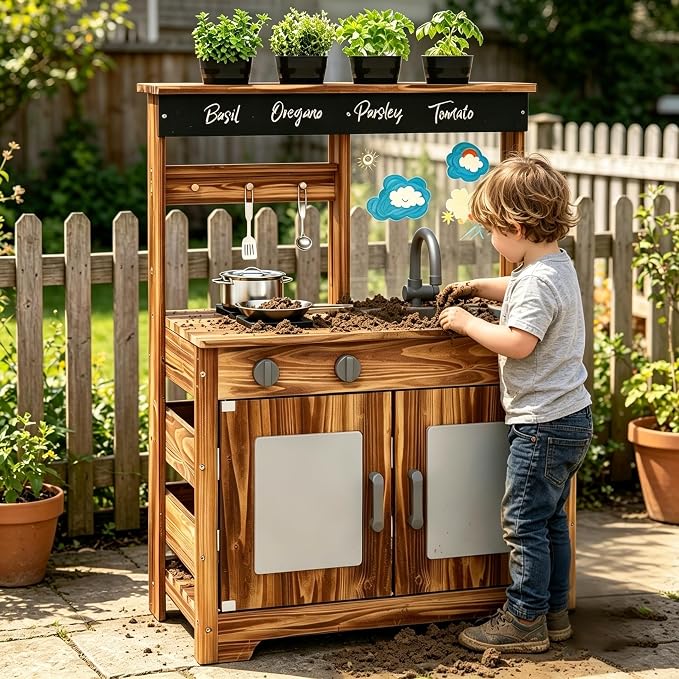 Costzon Mud Kitchen, Fir Wood Outdoor Play Kitchen with 4 Planting Pots, Faucet, Removable Sink, Stoves, Cooking Accessories, Kids Kitchen Playset for Backyard, Garden, Gift for Boys Girls 3+ (Brown)