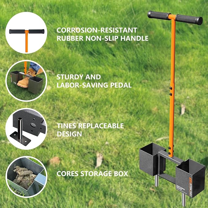Manual Lawn Coring Aerator Tool Pulling Plugs Collect Box Compacted Soil Improve Garden Yard Loosening Grass Aeration, 4 Replaceable Tines