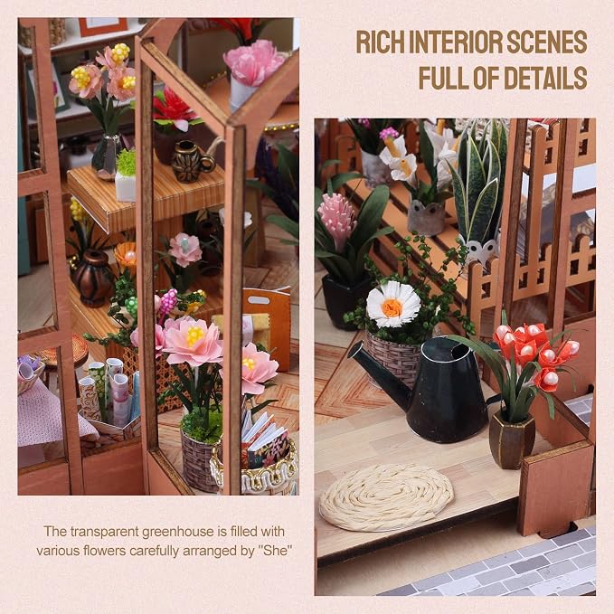 INSGEN Greenhouse Booknook Kit, DIY Miniature Dollhouse Building Set, 1:24 Scale Wooden Diorama Model, Tiny Street House Craft for Adults,Home Bookshelf Decor Gift
