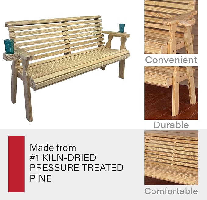 Amish Casual Heavy Duty Pressure Treated 5 Foot Outdoor Garden Bench with Cup Holders - Amish Crafted Roll Back Design in Unfinished, 700 Lb Weight Capacity