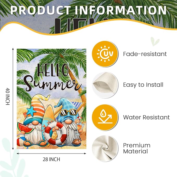 Hello Summer House Flags for Outdoor Decoration, Cartoon Gnomes at The Beach Large Yard Flag, Seasonal Decorative Celebration Decor for Spring Farmhouse Holiday Outside 28x40 Inch Vertical Double Sided
