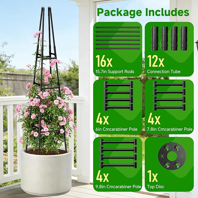 Garden Obelisk Trellis for Climbing Plants Outdoor, 63 Inch Height Adjustable Gardening Trellis, Steel Plastic Coated Plant Support for Indoor & Outdoor Multiple Climbing Plants(1PCS)