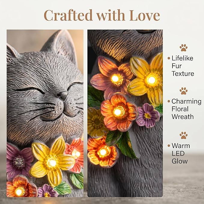 Solar Cat Garden Statue for Outdoor Decor, Cat Solar Light with Flowers, Resin Cats Figurine for Garden, Yard, Lawn Decor, Cats Lover Gifts for Women