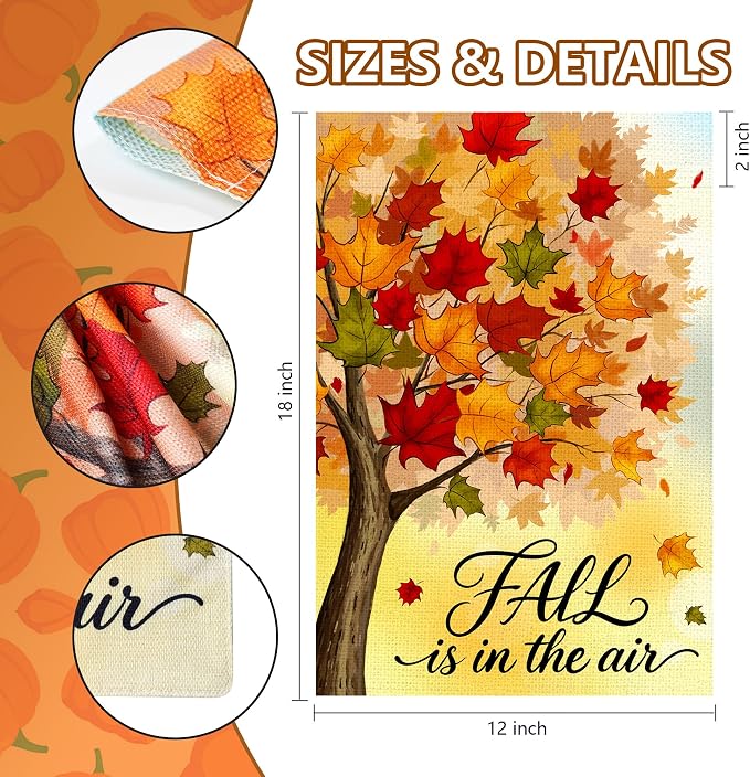 Fall Garden Flag 12x18 Inch, Double Sided Autumn Tree Maple Leaves Burlap Flag for Yard Outdoor Decoration