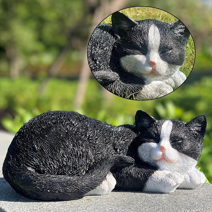 Cat Statue Outdoor Cat Figurines Garden Decor, Tuxedo Cats Black Tabby Statue Figurine Decor Sculpture for Patio, Yard, Sleeping Tabby Statues for Indoor Table Accessory, Gift for Mom