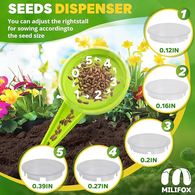 2 Pack Seed Dispenser, Adjustable Hand Seeder with 5 Hole Size 0.12"-0.39" & Storage Setting, Lightweight Mini Seed Spreader for Flowers Vegetables Seedling Tray
