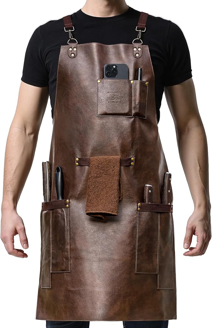 SYOKAMI Bonded Leather Chef Cooking Apron for Men, Cross Back Apron for All-Day Comfort, Waterproof Apron with Multiple Pockets, Great for Kitchen, Garden, BBQ, Butcher Work or Crafts, Ideal Gift