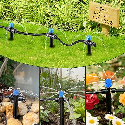 30pcs Drip Irrigation Emitters, Kalolary Adjustable 360 Degree Water Flow Emitters for 1/4" Tubing, Two-Way Connection Irrigation Drippers for Garden, Lawn, and Greenhouse Watering Systems(Blue)