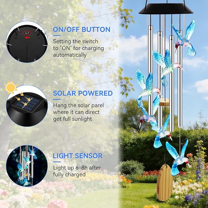 Wind Chimes for Outside, Solar Lights Outdoor Waterproof, Color Changing Hummingbird Light for Yard, Outdoor, Patio, Garden Decor, Wind Mobiles Gardening Gifts for Women, Mom, Wife, Blue Hummingbird