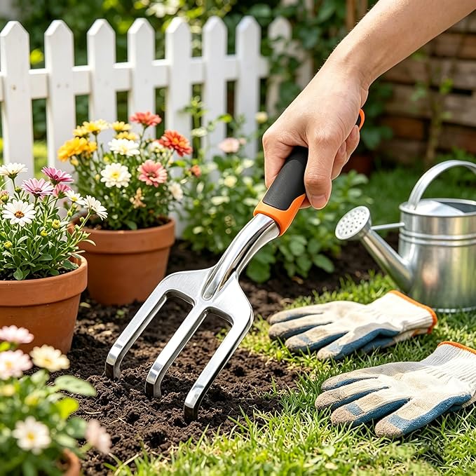 Stainless Steel Garden Tool Set，3 Pieces, Including Hand Shovel & Transplant Shovel & Hand Rake with Non-Slip Soft Ergonomic Handle (Orange)