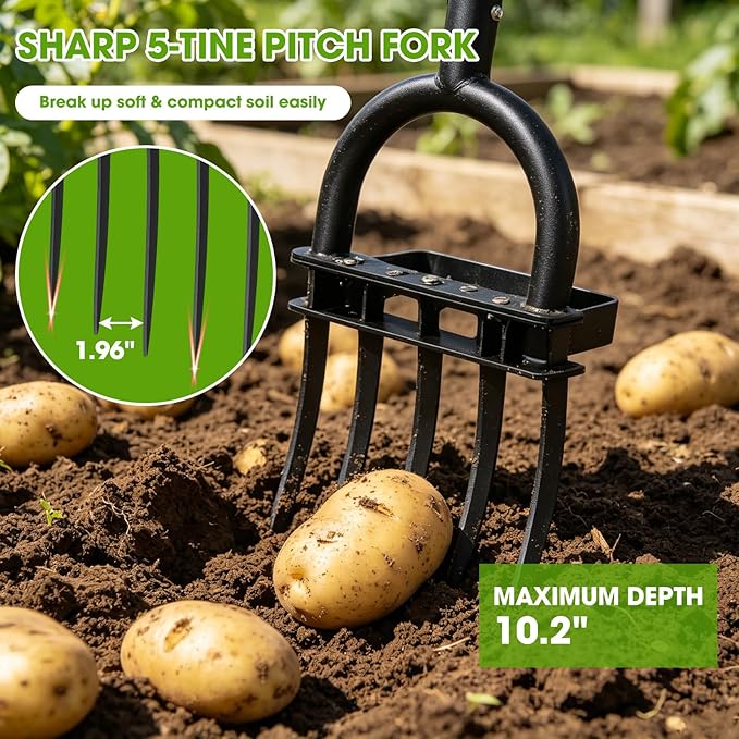 Broad Fork Garden Tool, 55" Heavy Duty 5 Sharp Tines BroadFork Hand Tiller Garden Pitchfork with Ergonomic Handles for Spading Digging Fork Gardening Cultivating Composting and Loosening
