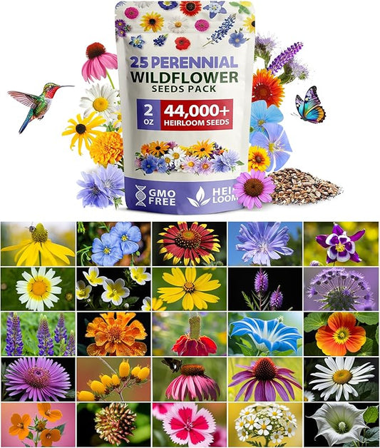 HOME GROWN USA Wildflower Seeds Bulk Mix | 44,000 Non-GMO Perennial Flower Seed for Full Sun & Shade | 19 Varieties for Butterfly & Pollinator Garden | 2 oz