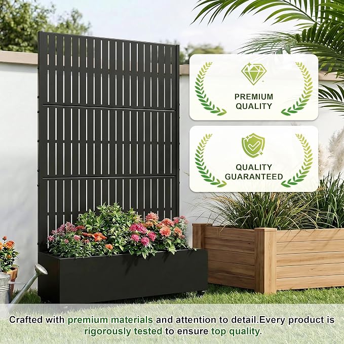 Casaphoria Metal Raised Garden Bed with Trellis and Wheels, 72"x47"x16" Planter Box for Climbing Plants, Vegetables & Vines, Features Drainage Holes and Privacy Screen (Black)