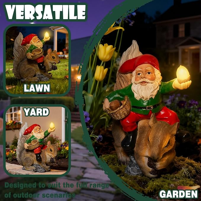 Funny Garden Gnomes Decorations for Yard Statue with Solar Lights Outdoor Squirrel Sculpture Decor