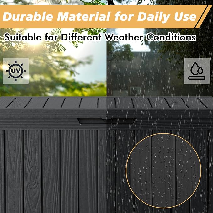 Fancyango 110 Gallon Outdoor Deck Box Waterproof, Large Storage Box for Patio, Resin Storage Bench Lockable for Garden Tools, Package Delivery, Black