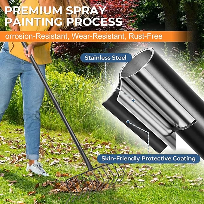 Thatch Rake, 16-Inch Heavy Duty Metal Garden Rake with 56-Inch Handle & 11 Steel Tines – Lawn Thatch Removal Tool for Leaves, Mulch, Pine Needles, Grass & Yard Debris