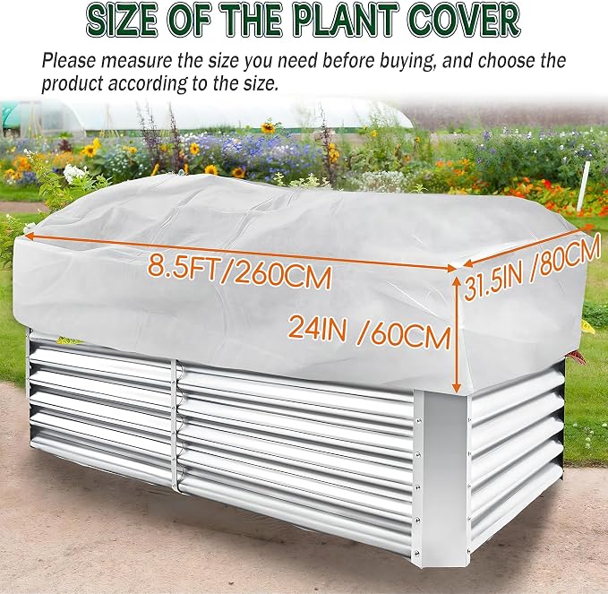 Rectangular Plant Cover Frost Big Size for 8×2×1FT Non Woven Fabric Garden Bed Cover with Zip Drawstring for Winter Cover Protection, Raised Beds Protect Plant Vegetable from Winter Frost