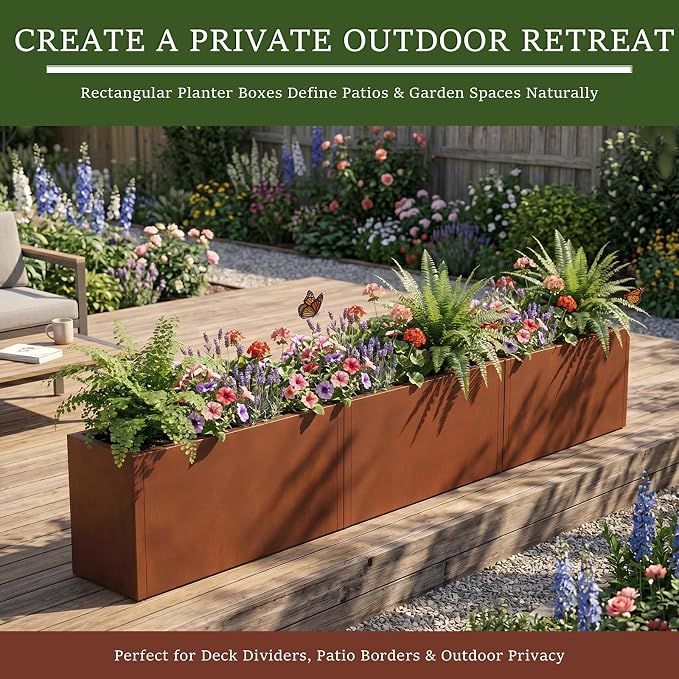 32 Inch Corten Steel Planter Box for Outdoor Plants, Large Rectangular Weathering Steel Planter with Drainage Holes, Metal Planter Box for Patio, Porch, Balcony, Backyard & Garden