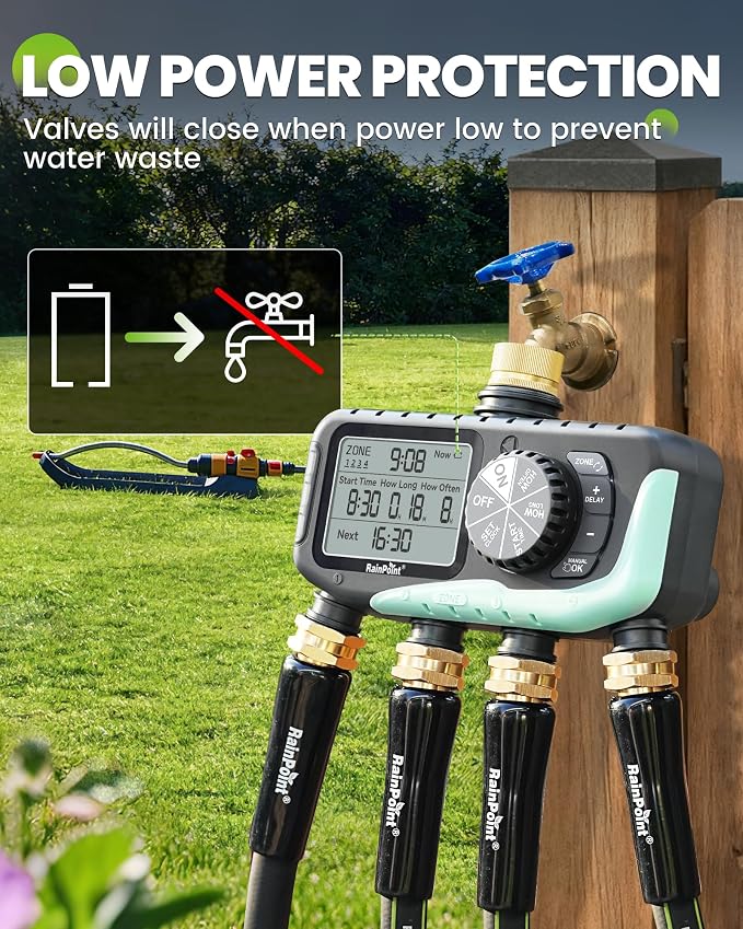 RAINPOINT Sprinkler Timer, 4 Outlets Hose Timer with Brass Inlet with Rain Delay/Manual/Automatic Controller System, Programmable Digital for Lawn Yard, 4 Zone (Sky Blue, 4 Outlets)