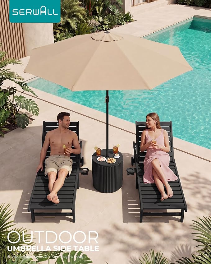 SERWALL Outdoor Round Umbrella Side Table, Outdoor Patio Table with Umbrella Hole for Porch/Patio/Poolside, 3-in-1 Multi-Functional Use, Black