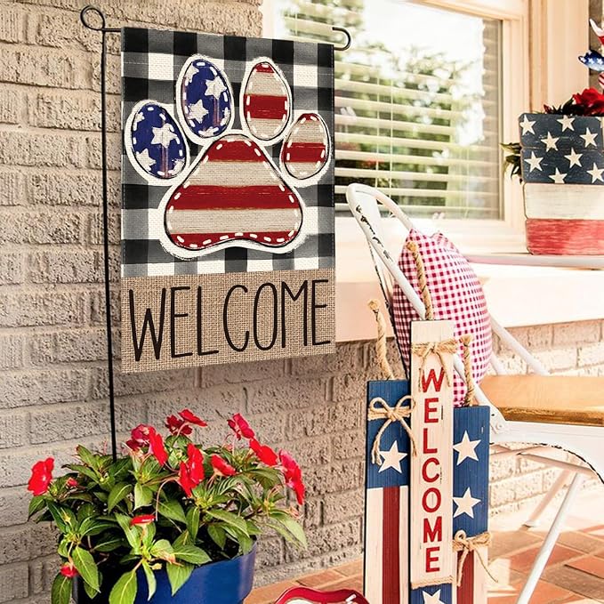 AVOIN colorlife American Flag Paw Print Patriotic 4th of July Garden Flag 12x18 Inch Double Sided Outside, Welcome Buffalo Plaid Yard Outdoor Decoration