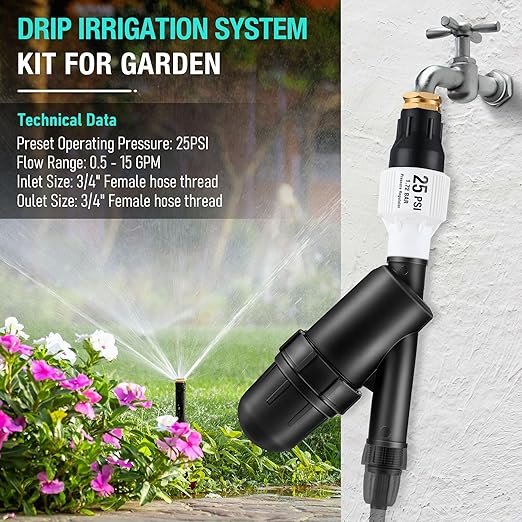 Aurelema Drip Irrigation Pressure Regulator and Filter 25 PSI Water Backflow Preventer for 3/4'' Garden/Faucet Hose Thread and Drip Irrigation Inline Y Filter 3/4" x 3/4" FHT Hose Connection (2 Pack)