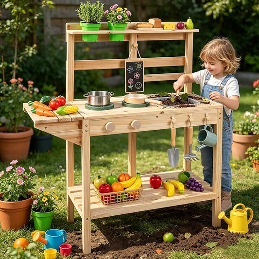 HONEY JOY Mud Kitchen, Fir Wood Mud Table Potting Bench for Kids Outdoor, Chalkboard, Flowerpots, Montessori Outdoor Play Kitchen for Toddlers, Children Backyard Furniture for Garden Patio, Natural