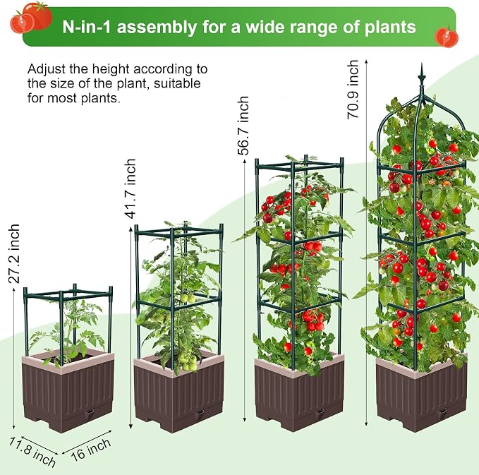 Raised Garden Bed Planter Boxes with Trellis,1pcs 70.9" Self-Watering Tomato Planter Boxes with Trellis for Climbing Vegetables Plants Flowers Tomato,Use for Indoor Outdoor (Brown)