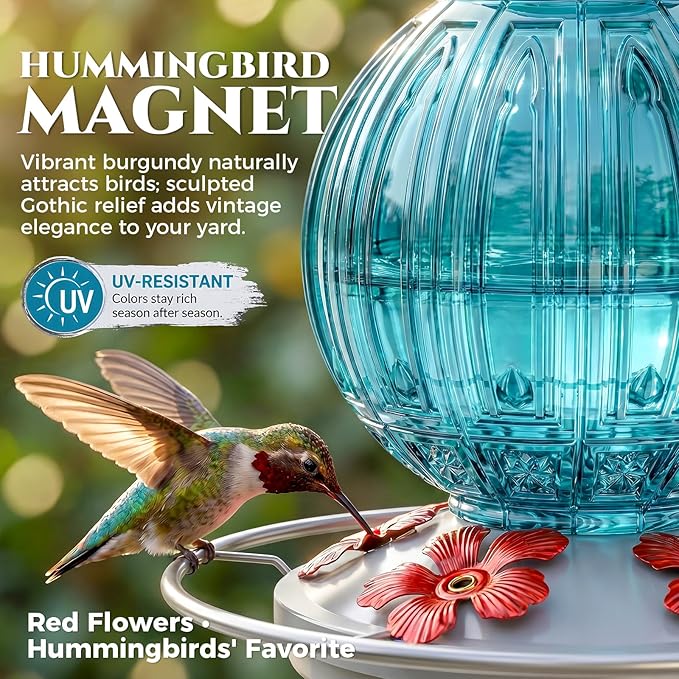 Glass Hummingbird Feeder for Outdoors Hanging, 26Oz Bird Nectar Feeder with Perch & 5 Flower Feeding Ports, Leak Proof for Outside Garden Decor Backyard, Gifts for Women Mom, Blue