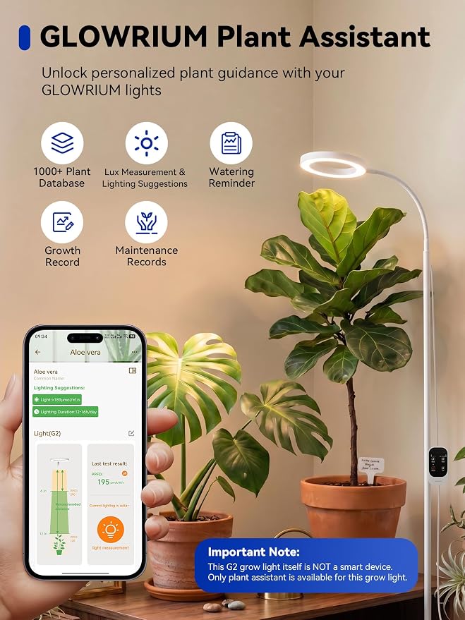 GLOWRIUM Grow Lights for Indoor Plants,20W Full Spectrum LED Plant Light with Stand,Adjustable Height,3/9/12H Timer,6 Dimmable Levels & 3 Lighting Modes (White-Single Head)