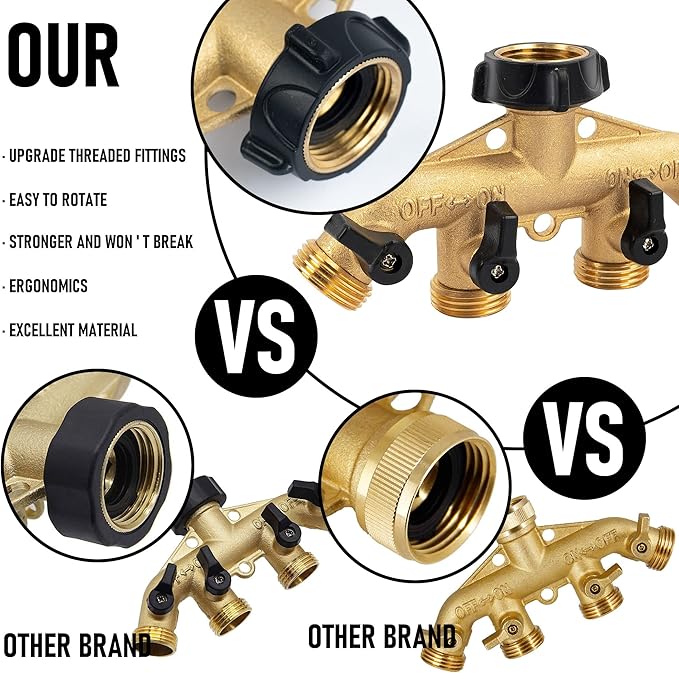 Hourleey Brass 4 Way Heavy Duty Garden Hose Splitter, Water Hose Splitter for 3/4" Hose Connector, Hose Faucet Splitter Hose Spigot Adapter 4 Valves with 4 Rubber Washers & Tape