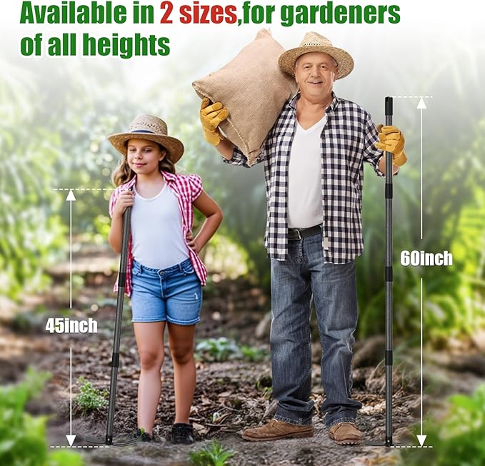 Heavy Duty 2-In-1 Garden Hoe with 3 Tine Cultivator Rake, Carbon Steel Sharp Weeding Tool with 45"Adjustable Handle For Weed Removal & Soil Loosening In Raised Beds, Flower & Vegetable Gardens