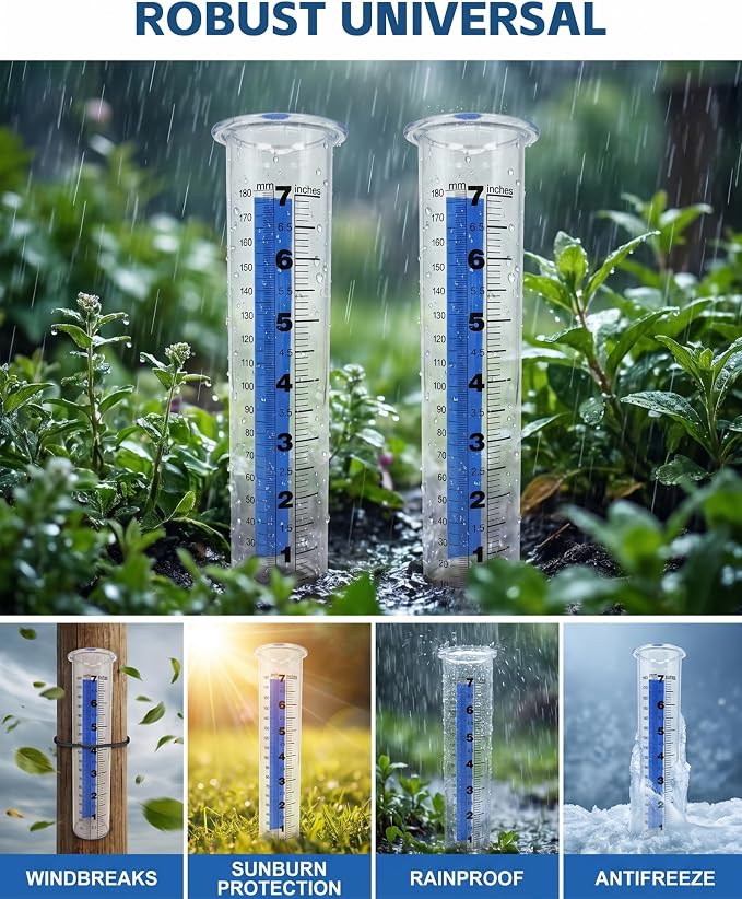 7 Inch Rain Gauge Replacement Tube - Clear Plastic Outdoor Measuring Cylinder for Garden & Yard, Weather-Resistant PS Tube with 0.1-Inch Graduations for Standard Rain Gauge Holders (2-Piece)