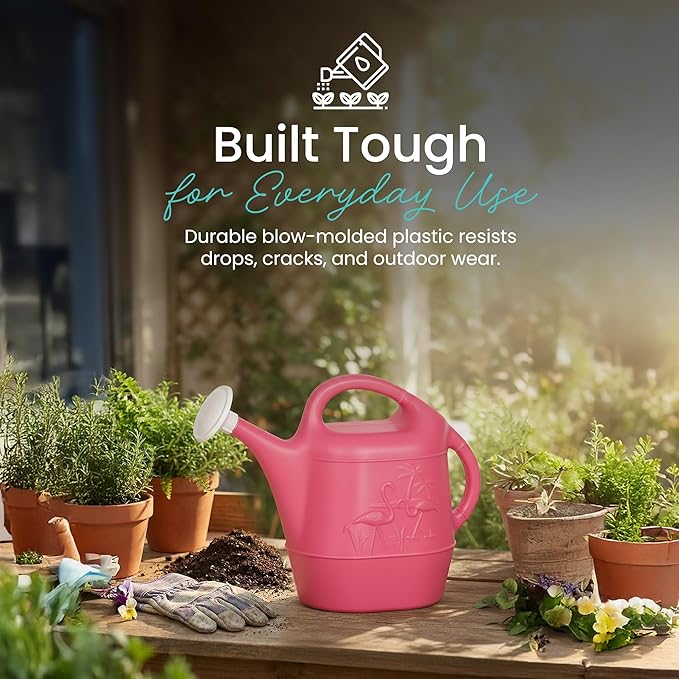 Union Products Watering Can, Flamingo 2 Gallon Plastic Gardening Water Jug with 2 Handles for Garden, Indoor Plants, and Outdoor Flower Pots, Pink