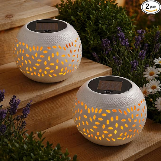 Solar Table Lanterns Outdoor Waterproof-2PACK Dancing Flickering Flame Solar Lights,White Metal Desktop Decorative Lamps for Gifts for Women Mom Desk Patio Garden Yard Decor