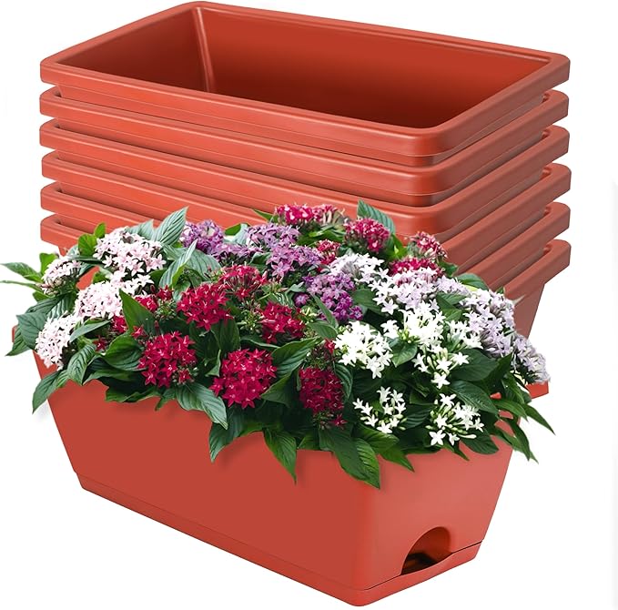 LOCONHA Window Box Planter, Plastic Vegetable Flower Planters Boxes 17 Inches Rectangular Flower Pots with Saucers for Indoor Outdoor Garden, Patio, Home Decor (7, Brick Red)