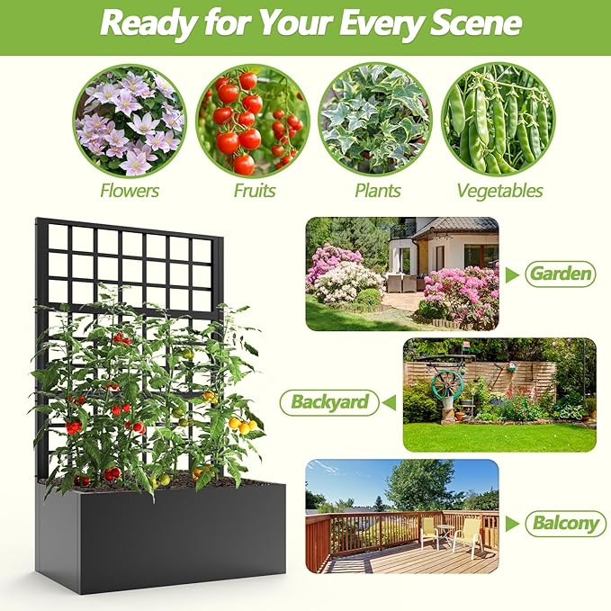 BUKLIYN Metal Planter with Trellis - Trellis with Planter Box & Privacy Screen, Outdoor Raised Garden Bed for Climbing Plants(63"x31.5"x16")