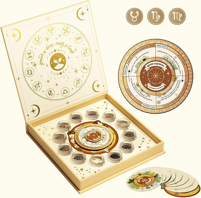 LUSH&DEW Zodiac Garden Seed Bank, 12 Varieties Non-GMO USA-Sourced Heirloom Herb Flower Seeds with Moon Calendar, Gardening Gift for Women Men, Witchcraft Supplies, Earth Sign (Taurus Virgo Capricorn)