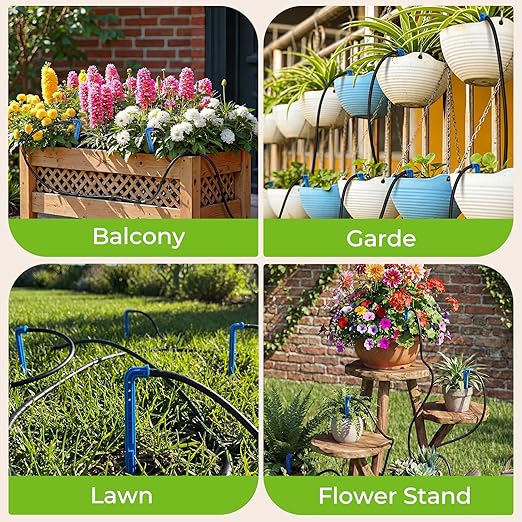 Solar Drip Irrigation System Kit, Auto Watering Kit for 15 Pots, 3W Solar Powered Auto Easy DIY Watering Device,22 Timing Modes with with Anti-Siphoning Device & Buckets and Flower Pots