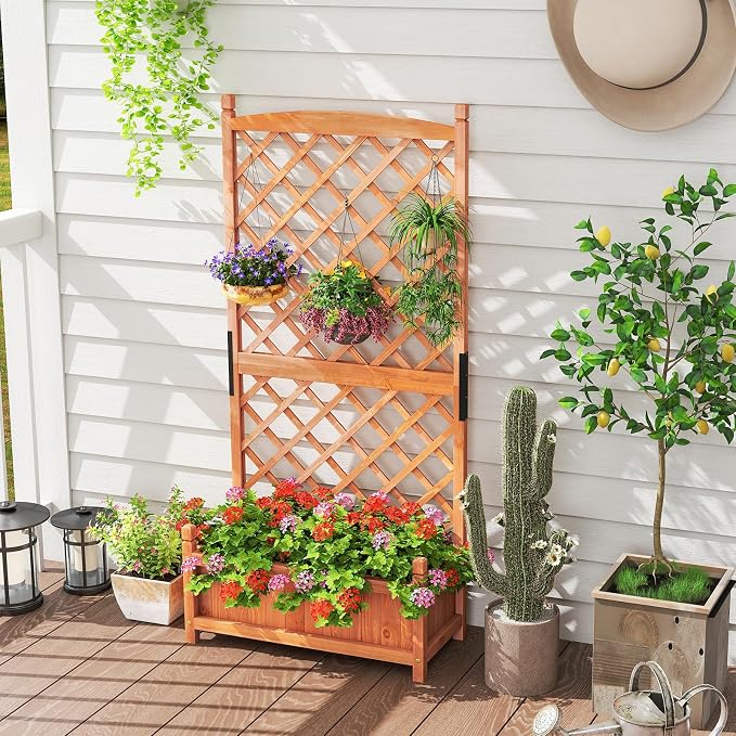 Giantex Raised Garden Bed with Trellis Set of 2, 60" Wooden Planter Container w/Drainage Holes, High Trellis for Plant Flower Climbing Pot Hanging, Indoor Outdoor Planter Box for Yard Garden Balcony
