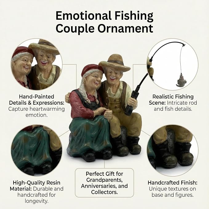 Romantic Older Couple Fishing Statue Outdoor Garden Koi Pond Decoration, Couple in Love Fisher Statues Figurine for Patio, Lawn & Yard Decor, Resin Garden Decoration, Elder Lover Fishing Sculpture