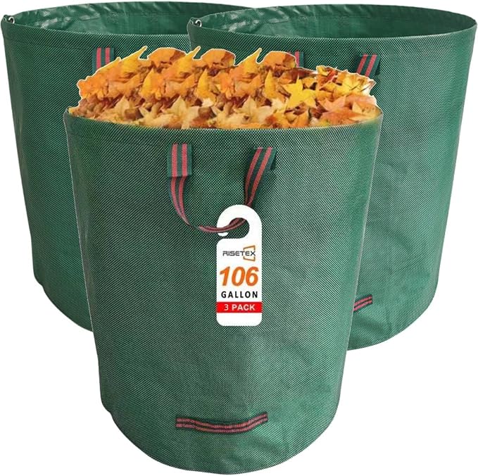 RISETEX Leaf Collector 3-Pack | 106Gal Eco-Friendly Reusable Leaf Bags | Heavy-Duty Self-Standing Yard Waste Container w/4 Handles for Lawn Maintenance & Outdoor Recycling