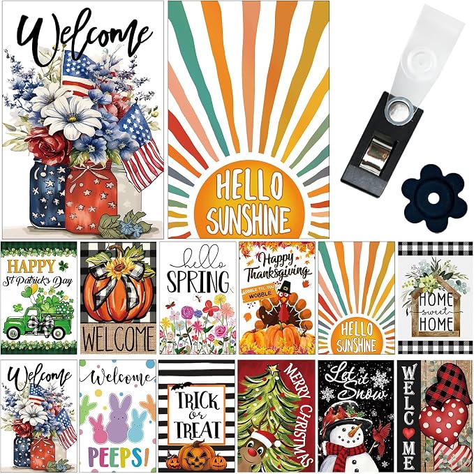 Garden Flag Set of 12 Double Sided Double Stitched 12x18 Inch, Seasonal & Holiday Yard Flags for Outside, All Seasons, 7 Major Holidays, Home Sweet Home Decor for Patio Lawn